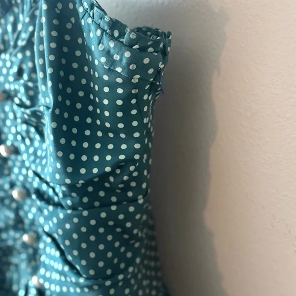 Vintage 90's Betsey Johnson teal polka dot silk midi-length dress.